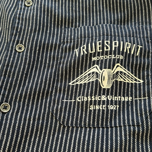 Massive Premium Quality Goods, NYC Navy Blue Striped Shirt w Moto Club Graphics - Picture 10 of 10